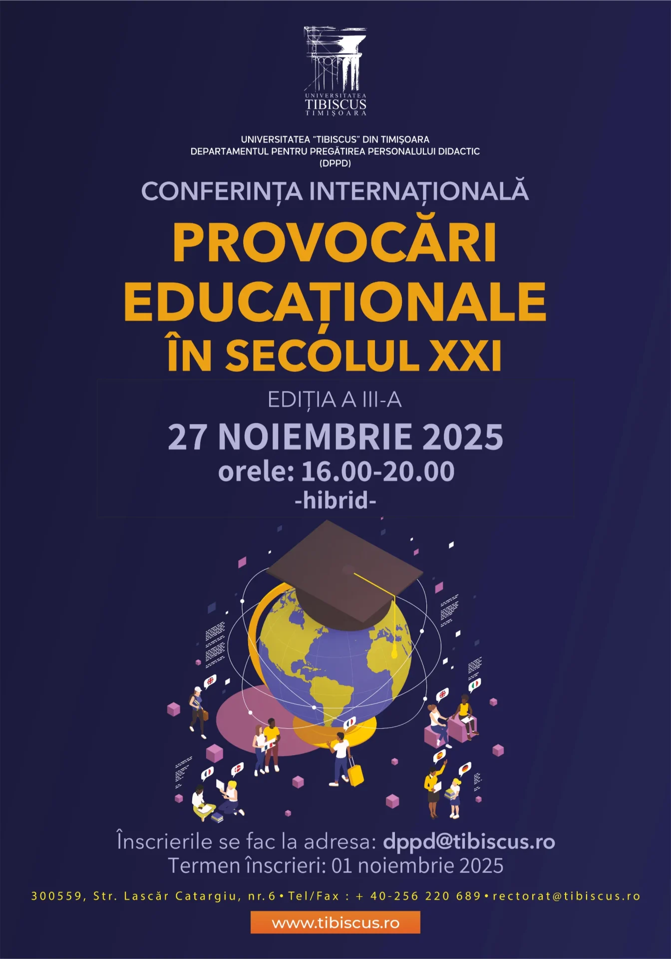 Afiș conferință educațională la Universitatea Tibiscus Timișoara