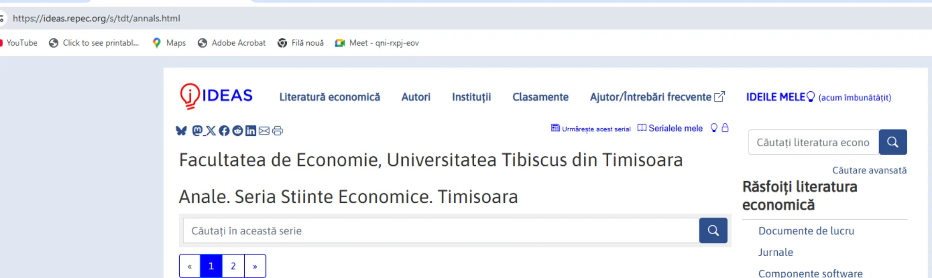 Înregistrarea revistei Anale. Seria Științe Economice în IDEAS RePEc